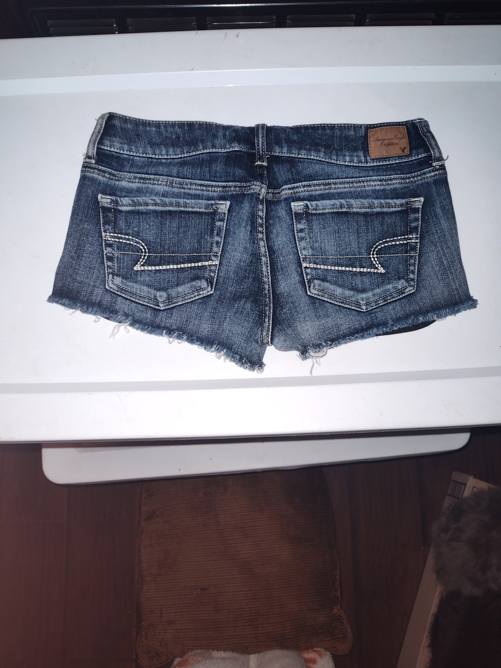 American Eagle Outfitters Women's Dark Wash Patterned Denim Shortie Shorts - Picture 2 of 4